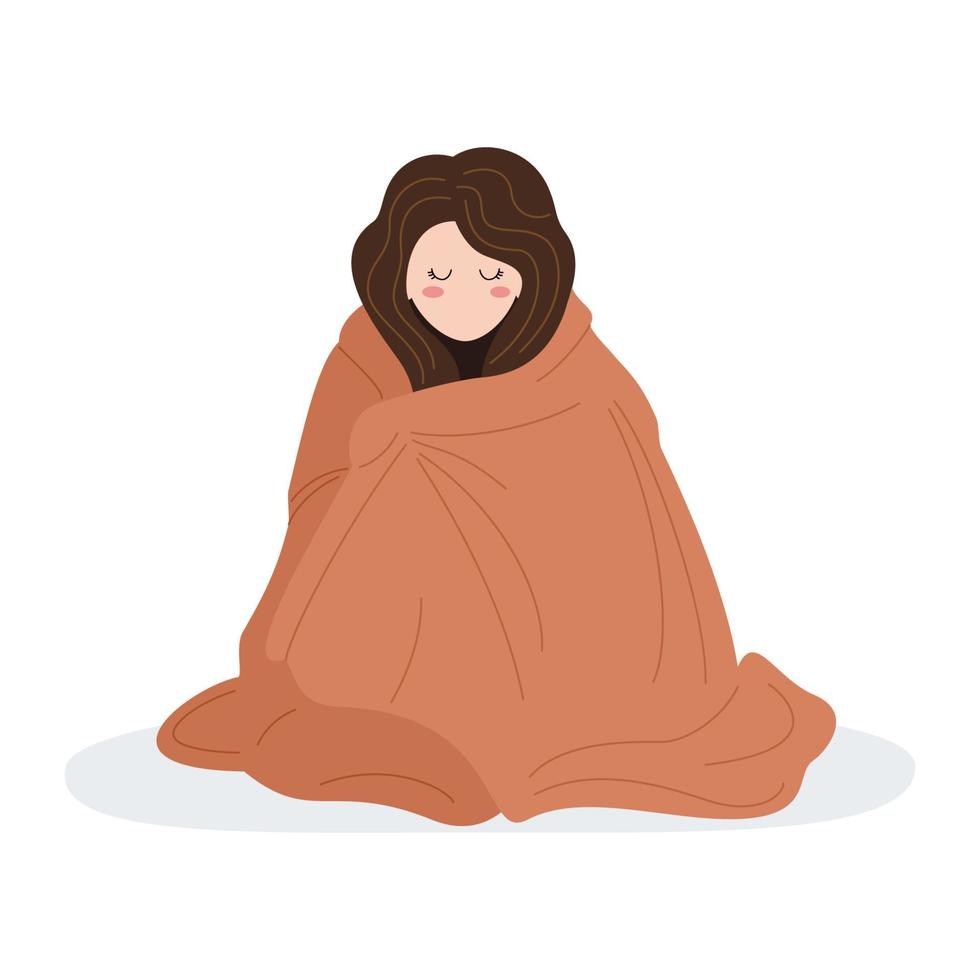 Girl in warm clothes and warms herself under a blanket. Cold temperature in the apartment. Saving energy resources. Crisis and economy concept. Vector illustration.