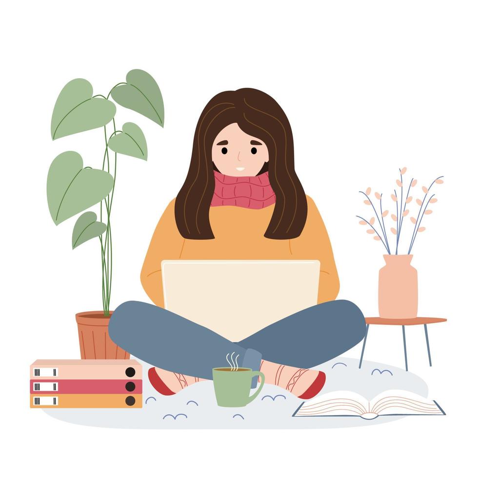 Girl wearing warm winter clothes working at the laptop at home. Cold temperature in the apartment. Saving energy resources. Vector illustration.