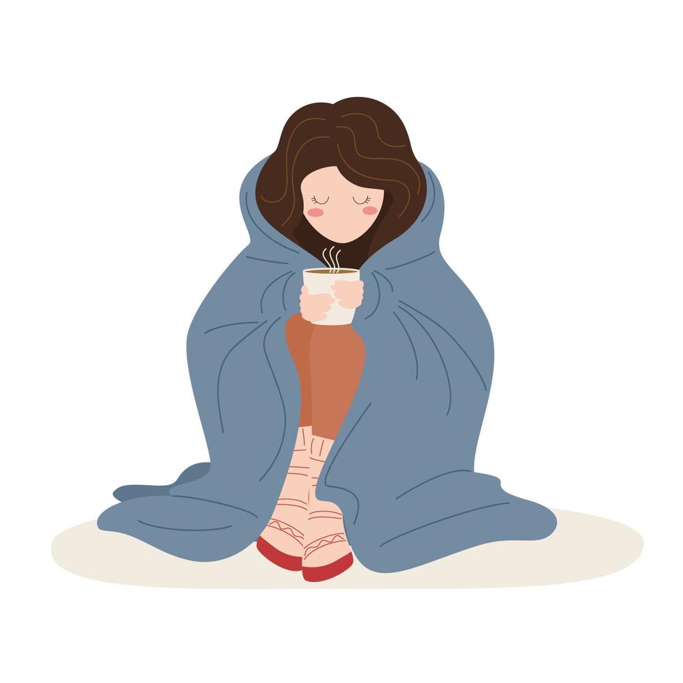 Girl in warm clothes drinks a hot drink and warms herself under a blanket. Cold temperature in the apartment. Saving energy resources. Crisis and economy concept. Vector illustration.