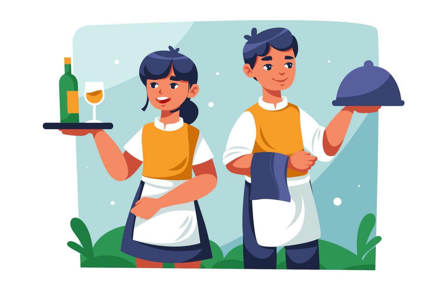 Couple of Waiter Serving Food And Beverage vector