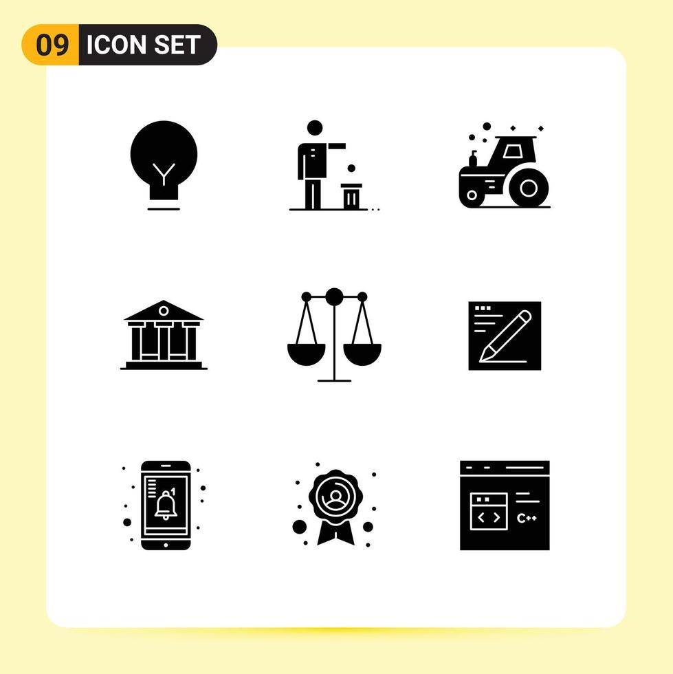 Stock Vector Icon Pack of 9 Line Signs and Symbols for justice money thought building tractor Editable Vector Design Elements