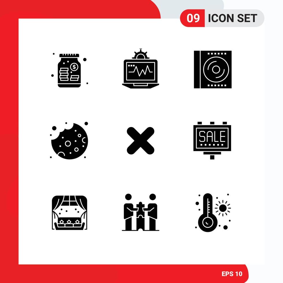 9 User Interface Solid Glyph Pack of modern Signs and Symbols of cancel food blu ray cookie disc Editable Vector Design Elements