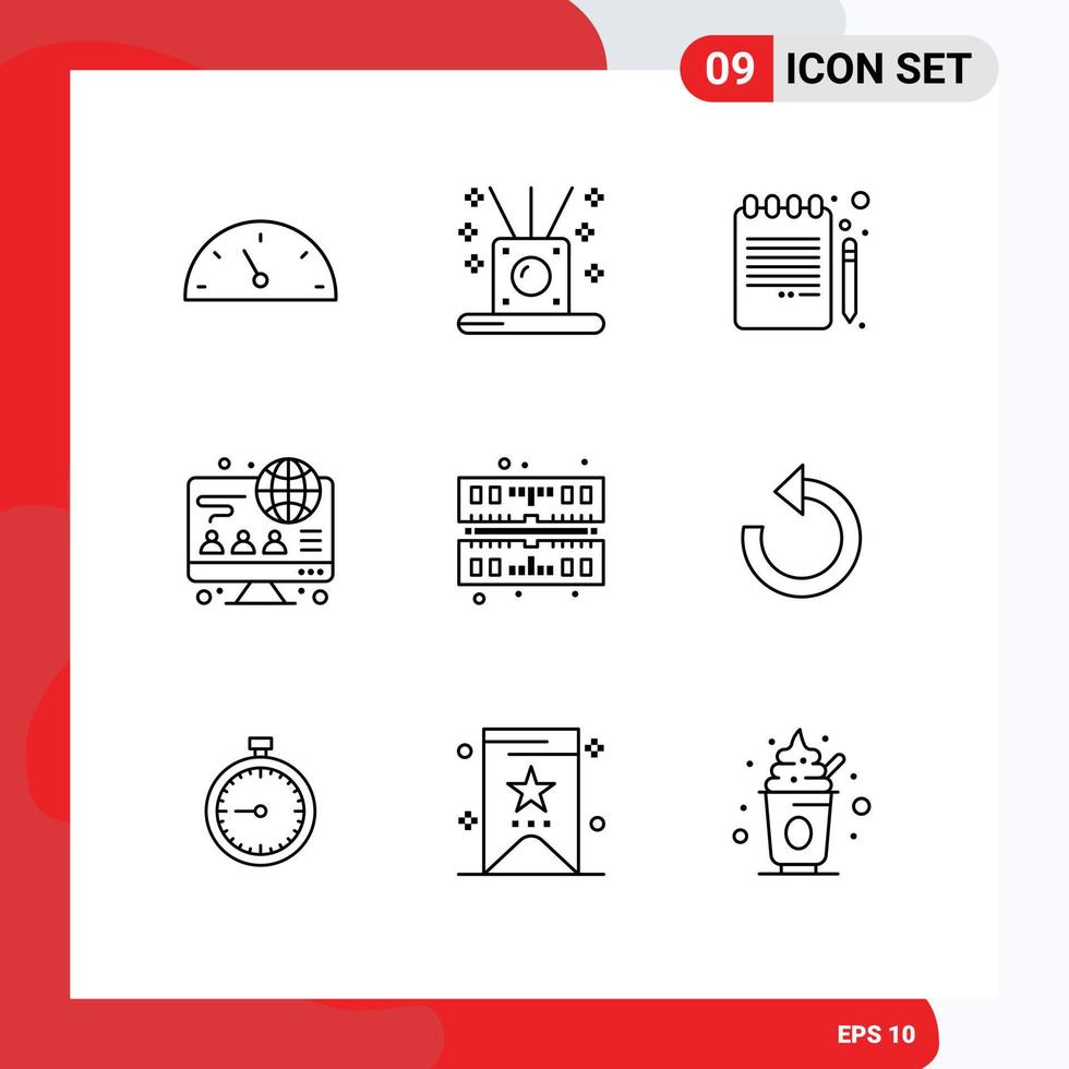 9 Universal Outlines Set for Web and Mobile Applications refresh memory book pencil computer online Editable Vector Design Elements