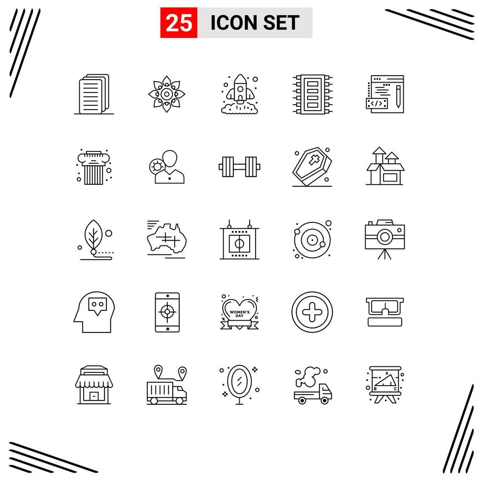 Mobile Interface Line Set of 25 Pictograms of computer hardware holi tech rocket Editable Vector Design Elements