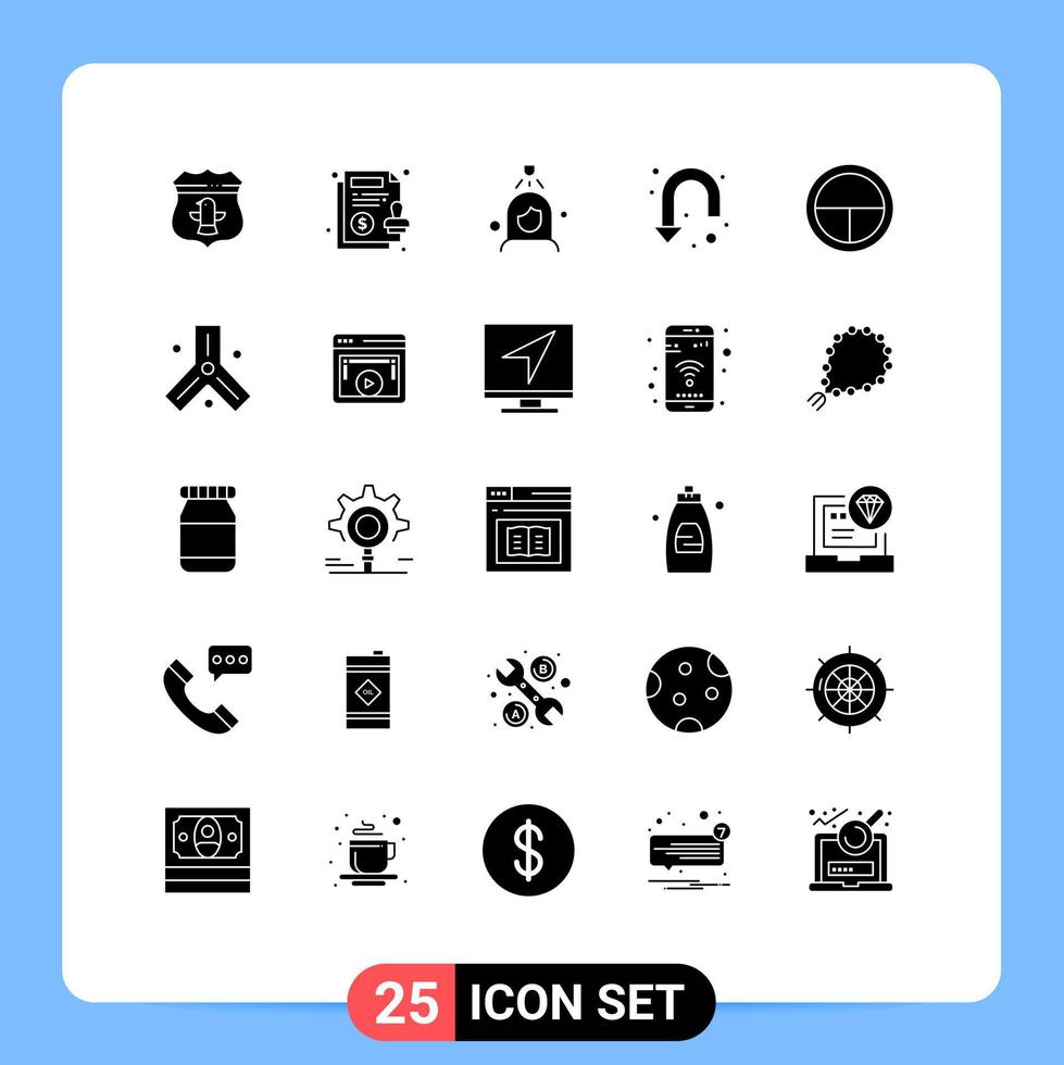 Modern Set of 25 Solid Glyphs Pictograph of badge down woman u turn arrow Editable Vector Design Elements