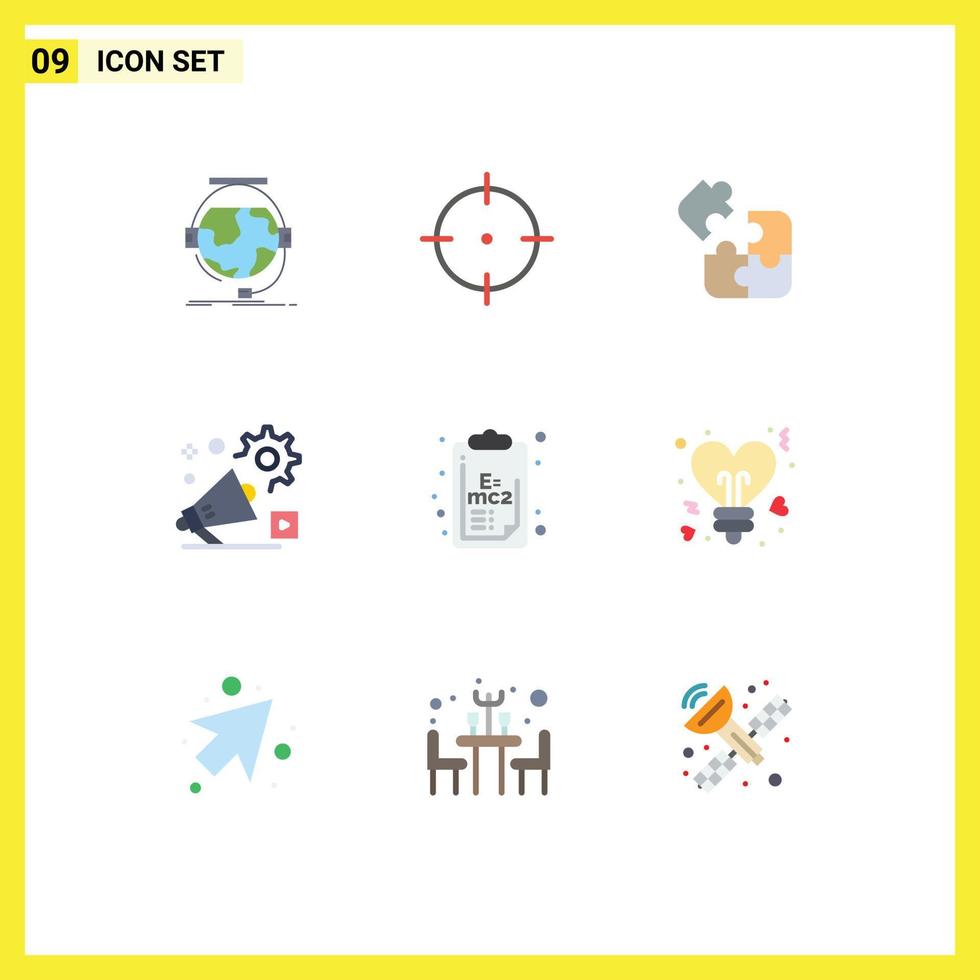 Mobile Interface Flat Color Set of 9 Pictograms of chemistry video jigsaw announcement campaign Editable Vector Design Elements