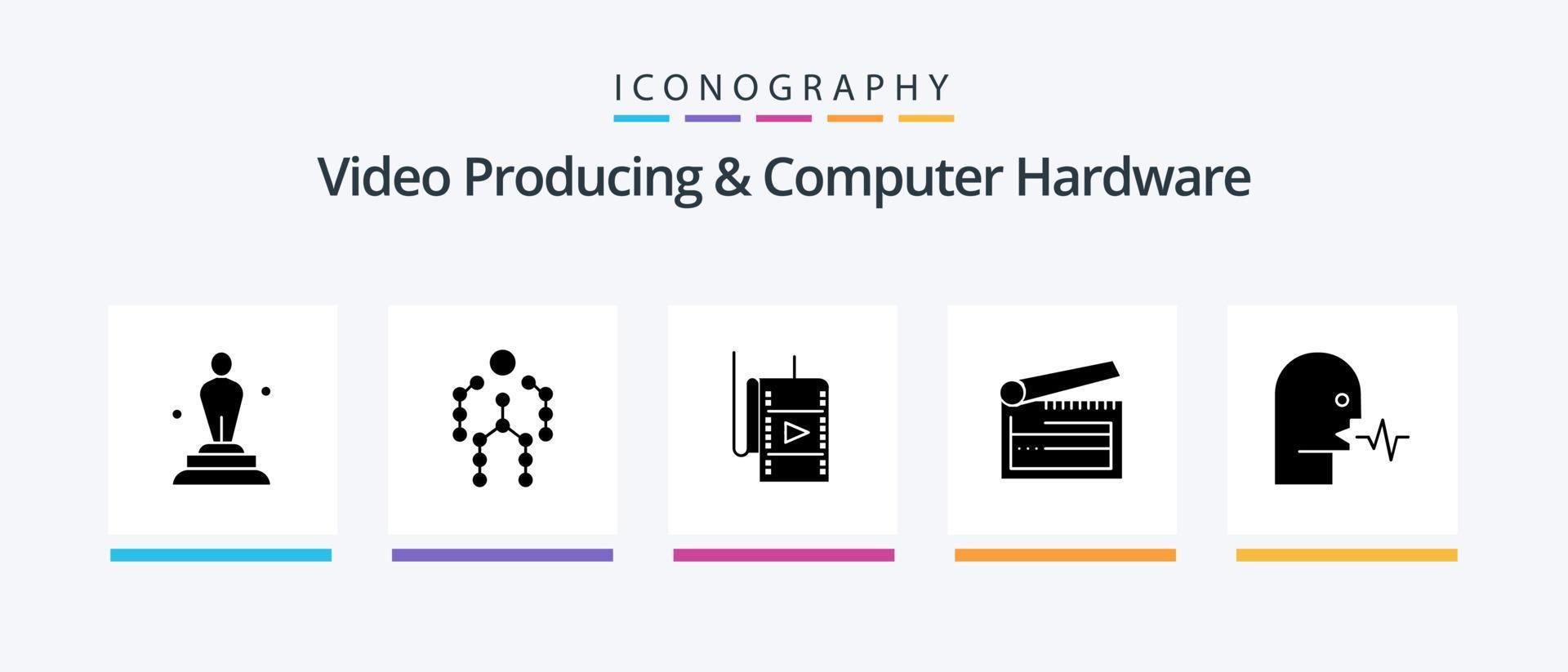 Video Producing And Computer Hardware Glyph 5 Icon Pack Including clapper. board. human. action. studio. Creative Icons Design vector