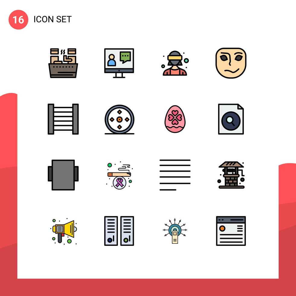 conjunto de líneas llenas de color plano de interfaz móvil de 16 pictogramas de cara de escalera servicio emoción gafas vr elementos de diseño de vectores creativos editables