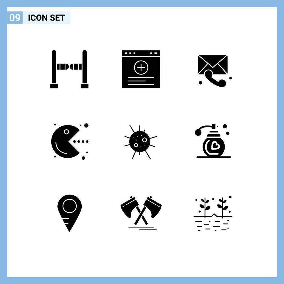 9 User Interface Solid Glyph Pack of modern Signs and Symbols of perfume disease call bacteria game Editable Vector Design Elements