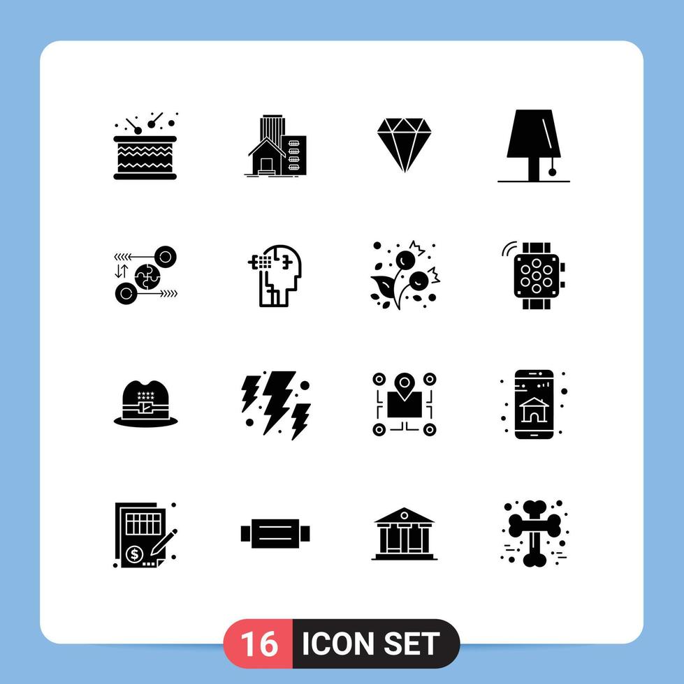 Editable Vector Line Pack of 16 Simple Solid Glyphs of lightning lamp office interior gam Editable Vector Design Elements