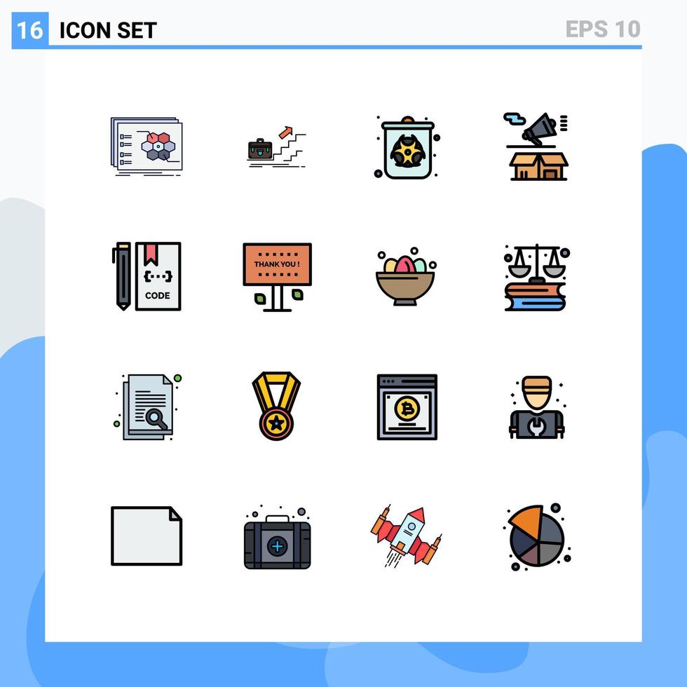 Paquete de 16 líneas llenas de color plano de la interfaz de usuario de signos y símbolos modernos de anuncio contenedor de contaminación del líder de desechos elementos de diseño de vectores creativos editables