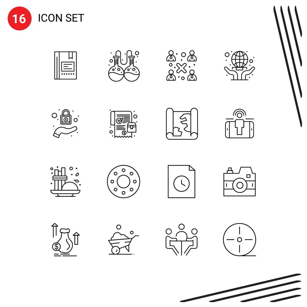 Pack of 16 Modern Outlines Signs and Symbols for Web Print Media such as world wide globe lab care people Editable Vector Design Elements