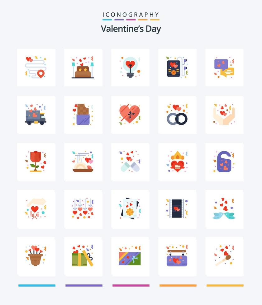 Creative Valentines Day 25 Flat icon pack  Such As communication. party. light. mp music. idea vector