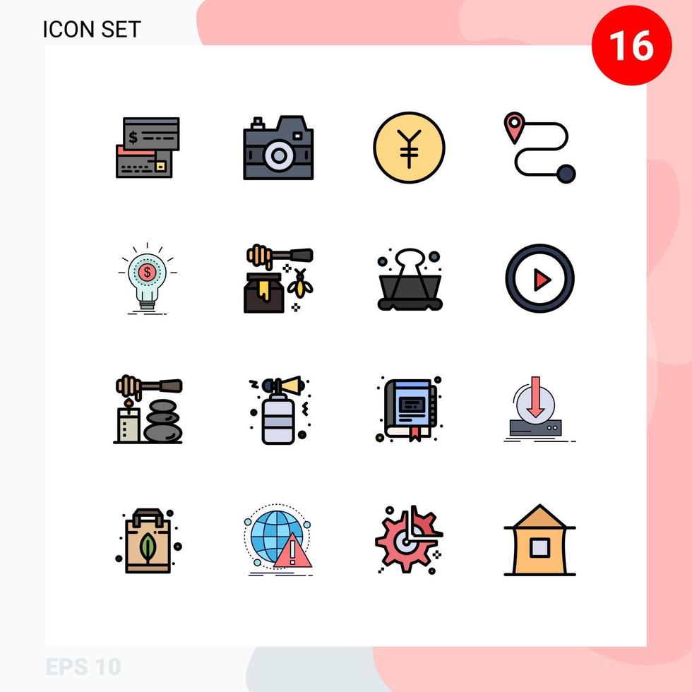 16 User Interface Flat Color Filled Line Pack of modern Signs and Symbols of startup idea photography financial route Editable Creative Vector Design Elements