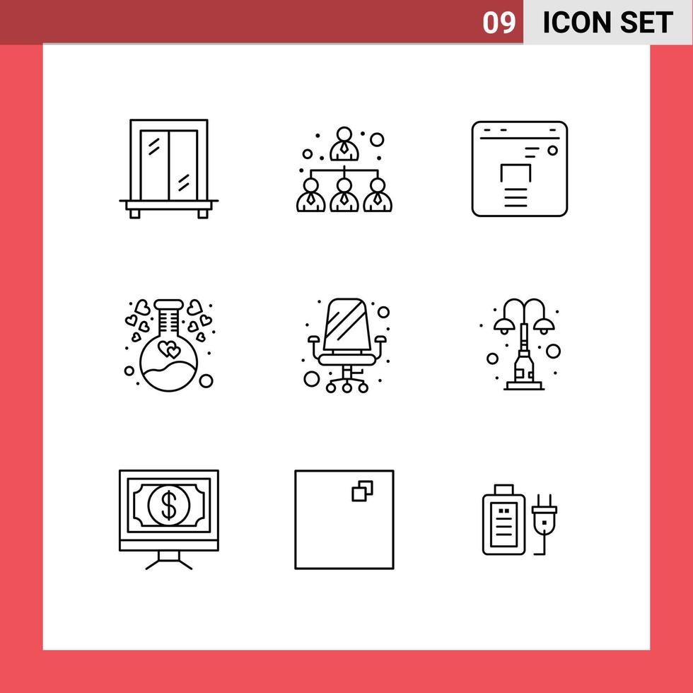 Outline Pack of 9 Universal Symbols of light sitting chemical office chair Editable Vector Design Elements