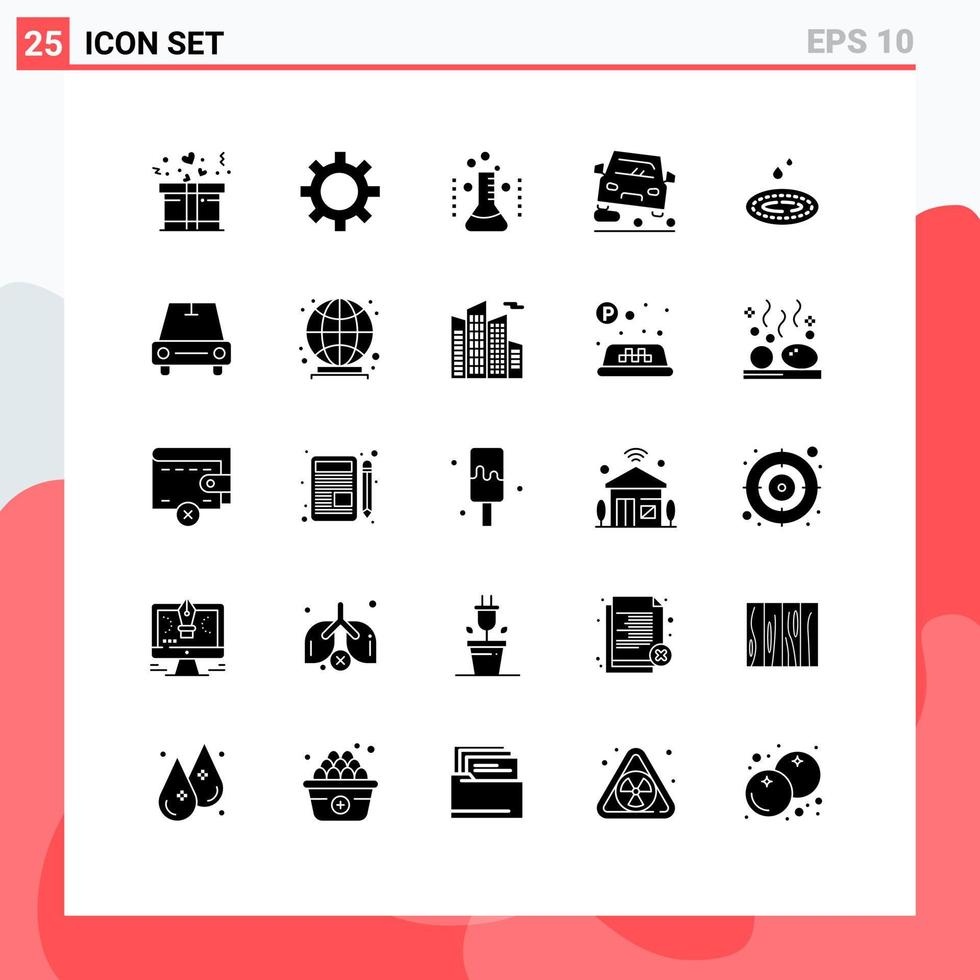Pack of 25 creative Solid Glyphs of droop rain hospital jam car Editable Vector Design Elements