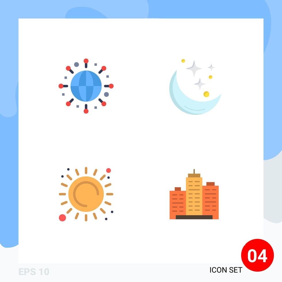 Set of 4 Vector Flat Icons on Grid for global sun moon weather heat Editable Vector Design Elements