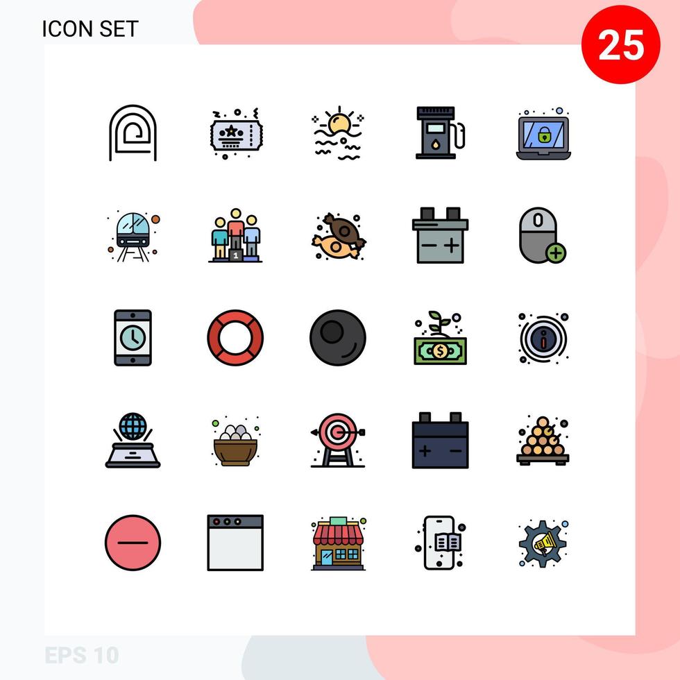 25 Universal Filled line Flat Colors Set for Web and Mobile Applications sign gas station party gas sun Editable Vector Design Elements