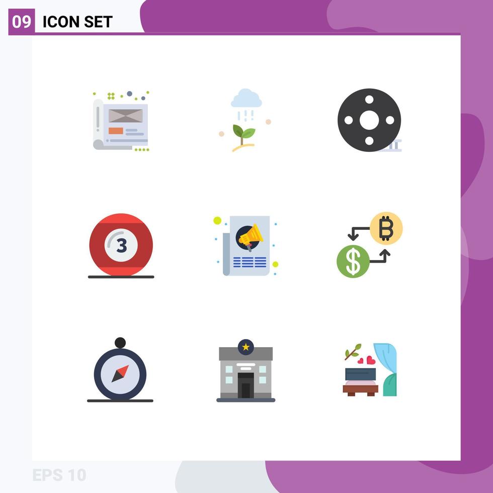 Mobile Interface Flat Color Set of 9 Pictograms of game cue ball spring filmmaking clapper Editable Vector Design Elements