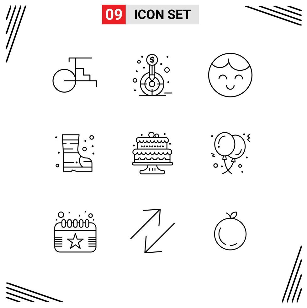 Mobile Interface Outline Set of 9 Pictograms of cake baked target safety boots Editable Vector Design Elements