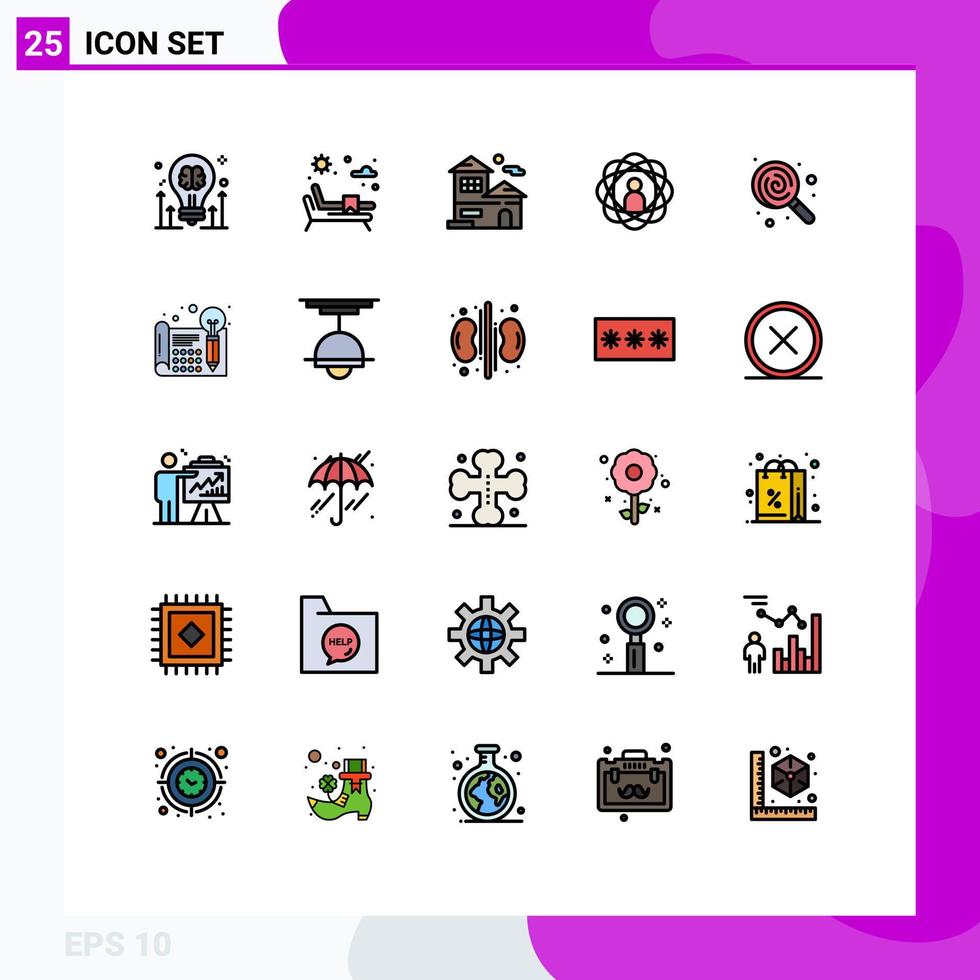 25 Universal Filled line Flat Color Signs Symbols of dessert research home person abilities Editable Vector Design Elements