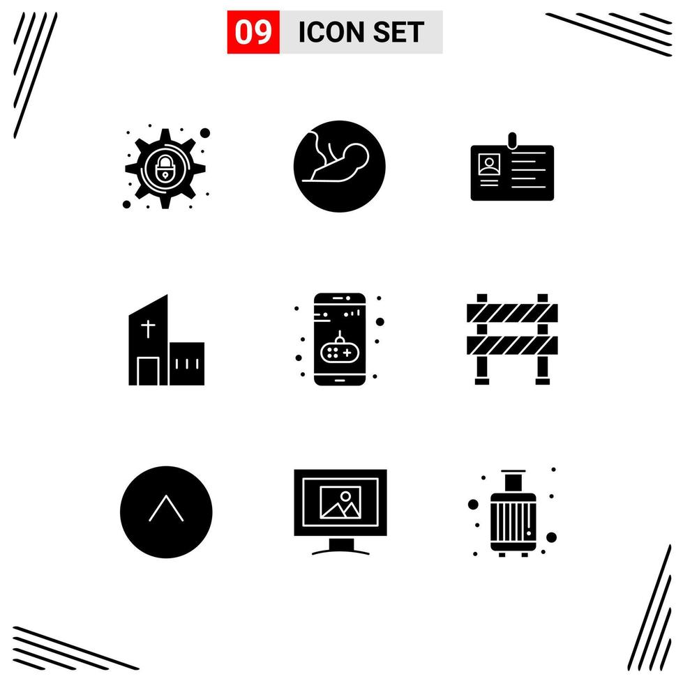 Pack of 9 Modern Solid Glyphs Signs and Symbols for Web Print Media such as church building card pass id card Editable Vector Design Elements