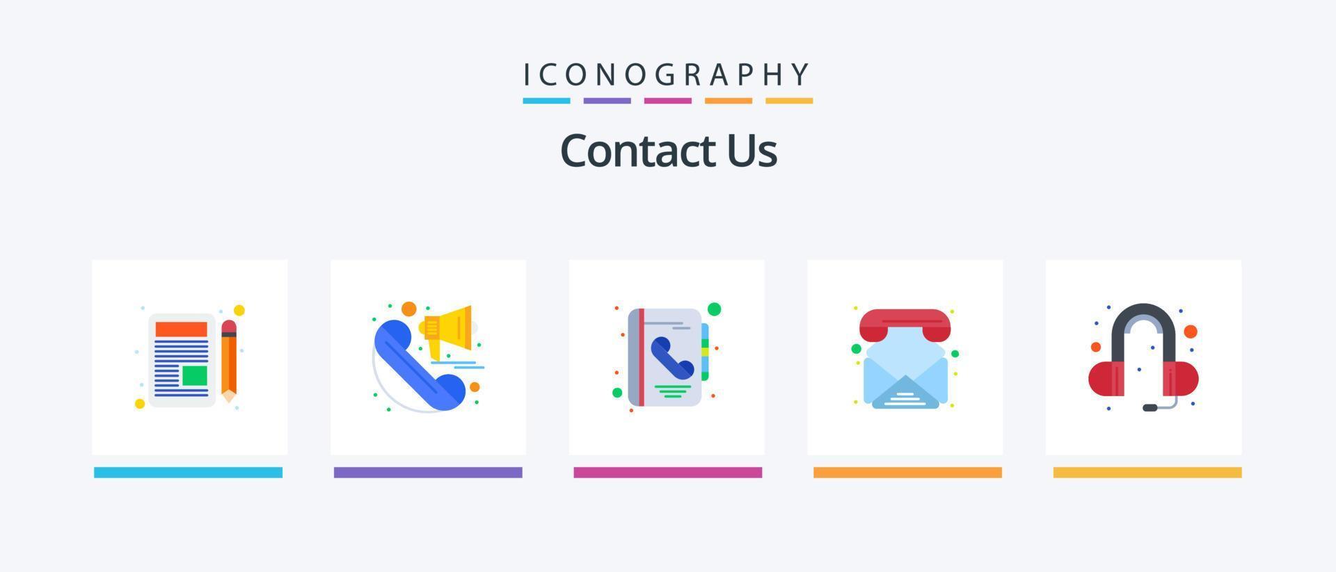 Contact Us Flat 5 Icon Pack Including head phone. call. address. phone. contacts. Creative Icons Design vector