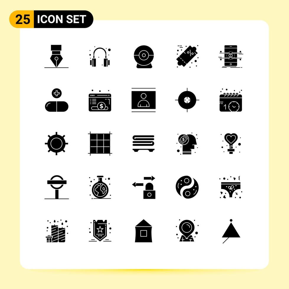 25 Universal Solid Glyphs Set for Web and Mobile Applications phone interface webcam api sale Editable Vector Design Elements