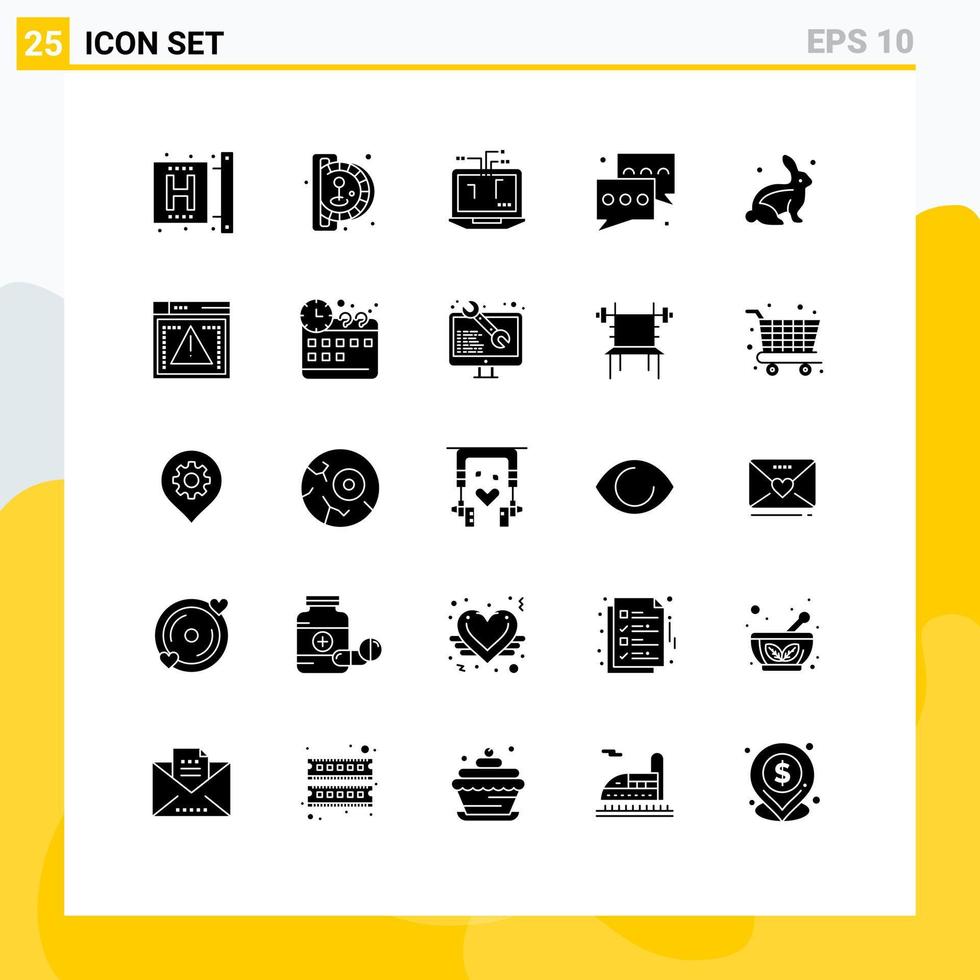 Group of 25 Modern Solid Glyphs Set for talk communication play chat hardware Editable Vector Design Elements