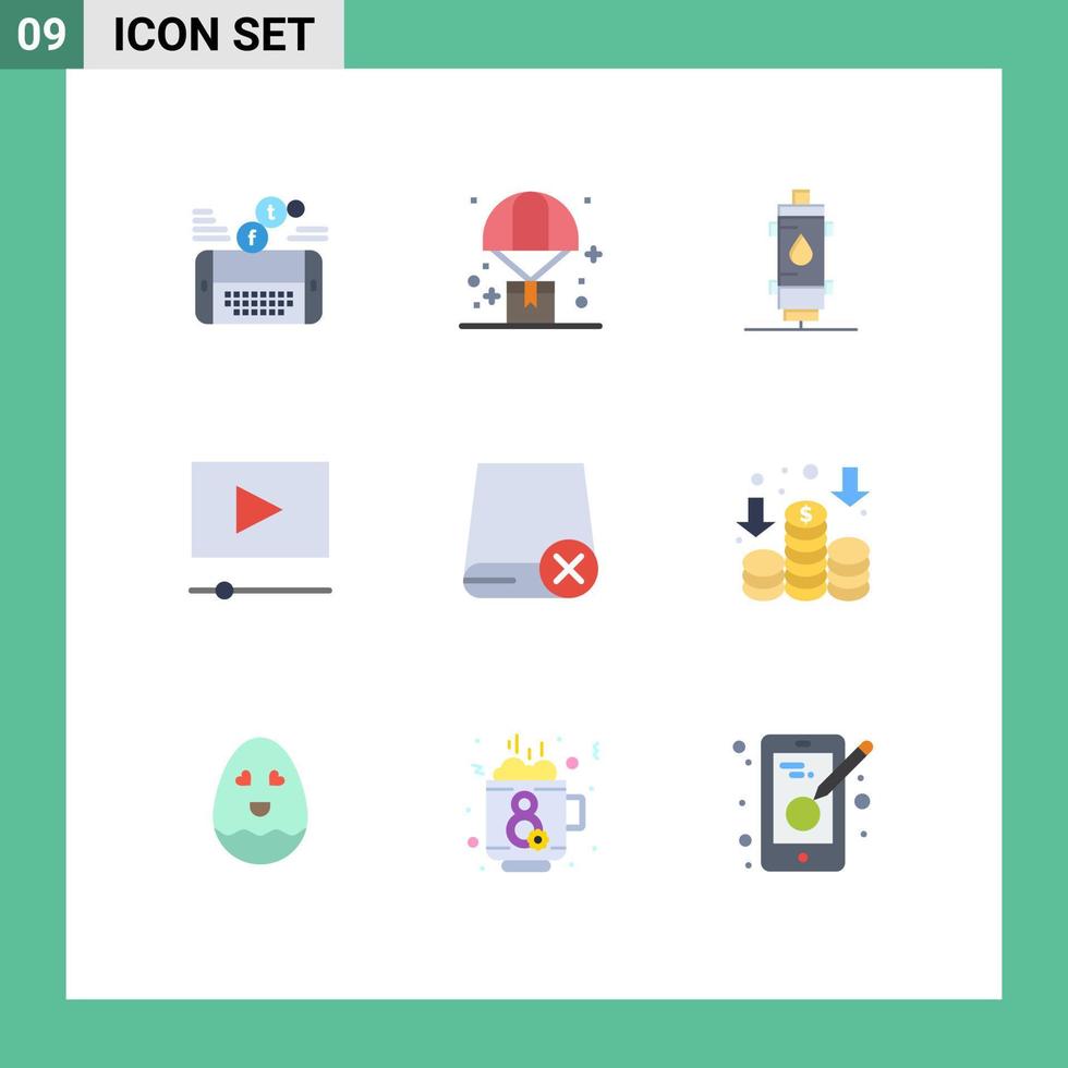 Mobile Interface Flat Color Set of 9 Pictograms of movie geyser parachute gas heat Editable Vector Design Elements