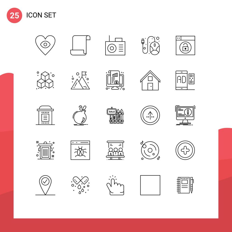 Set of 25 Modern UI Icons Symbols Signs for cube unlock computer lock web Editable Vector Design Elements
