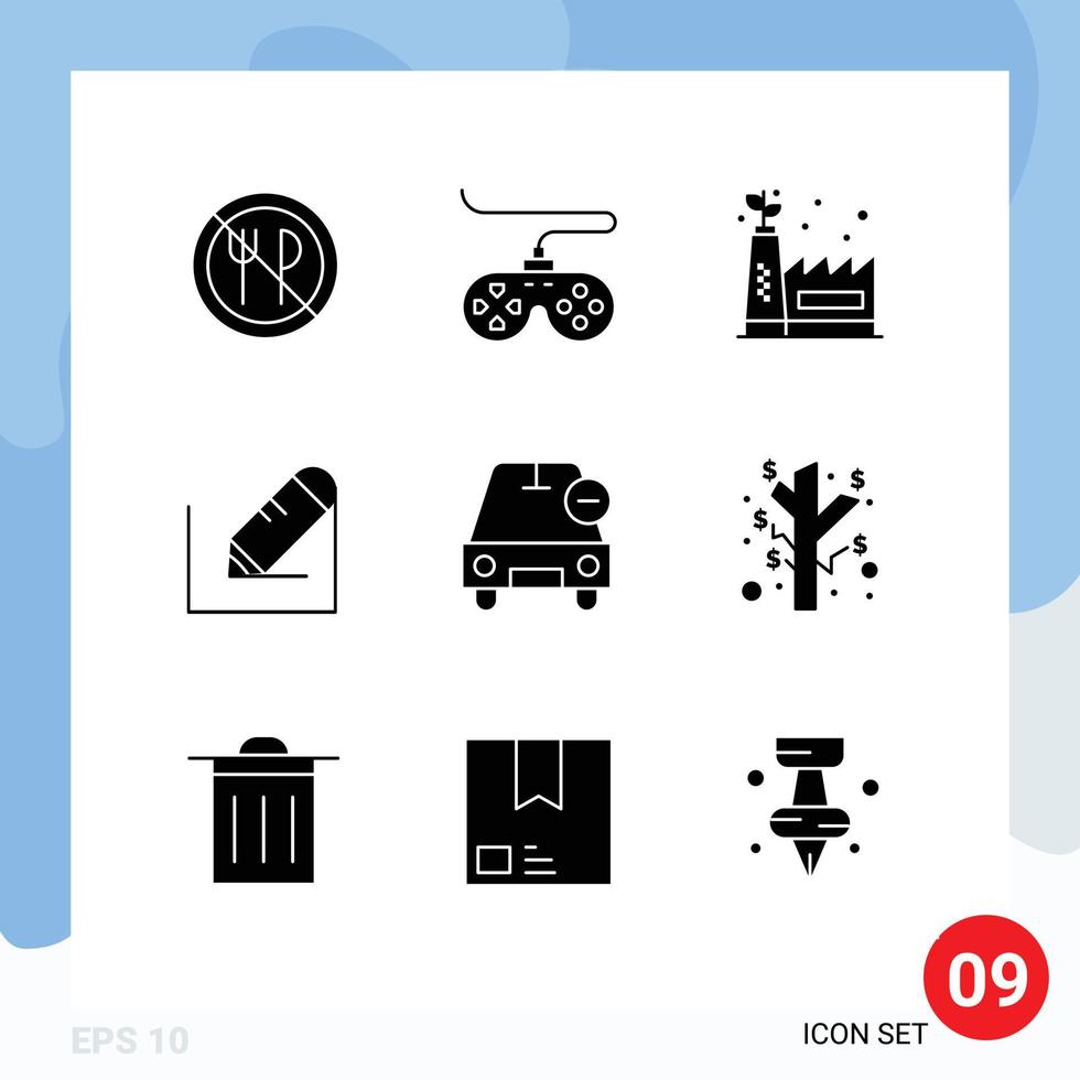 Pack of 9 Modern Solid Glyphs Signs and Symbols for Web Print Media such as less car eco manufacturing school write Editable Vector Design Elements