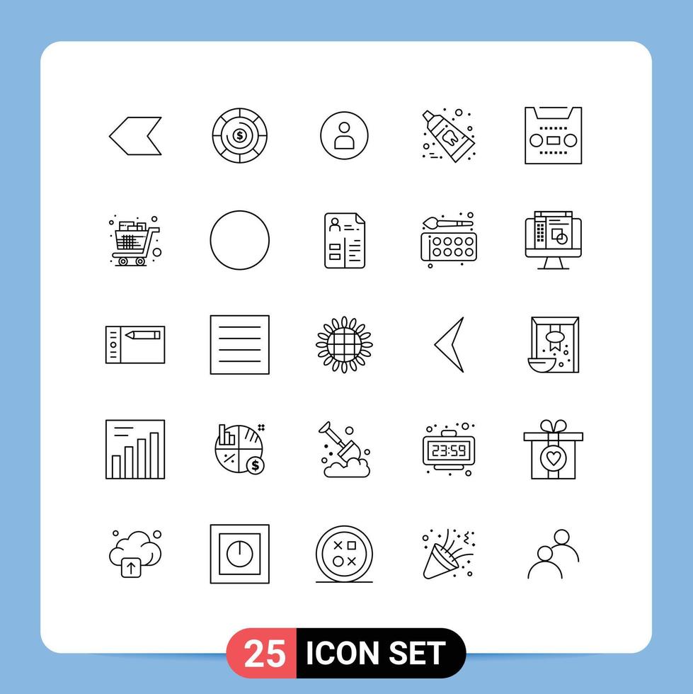 Universal Icon Symbols Group of 25 Modern Lines of tape media basic audio tooth Editable Vector Design Elements