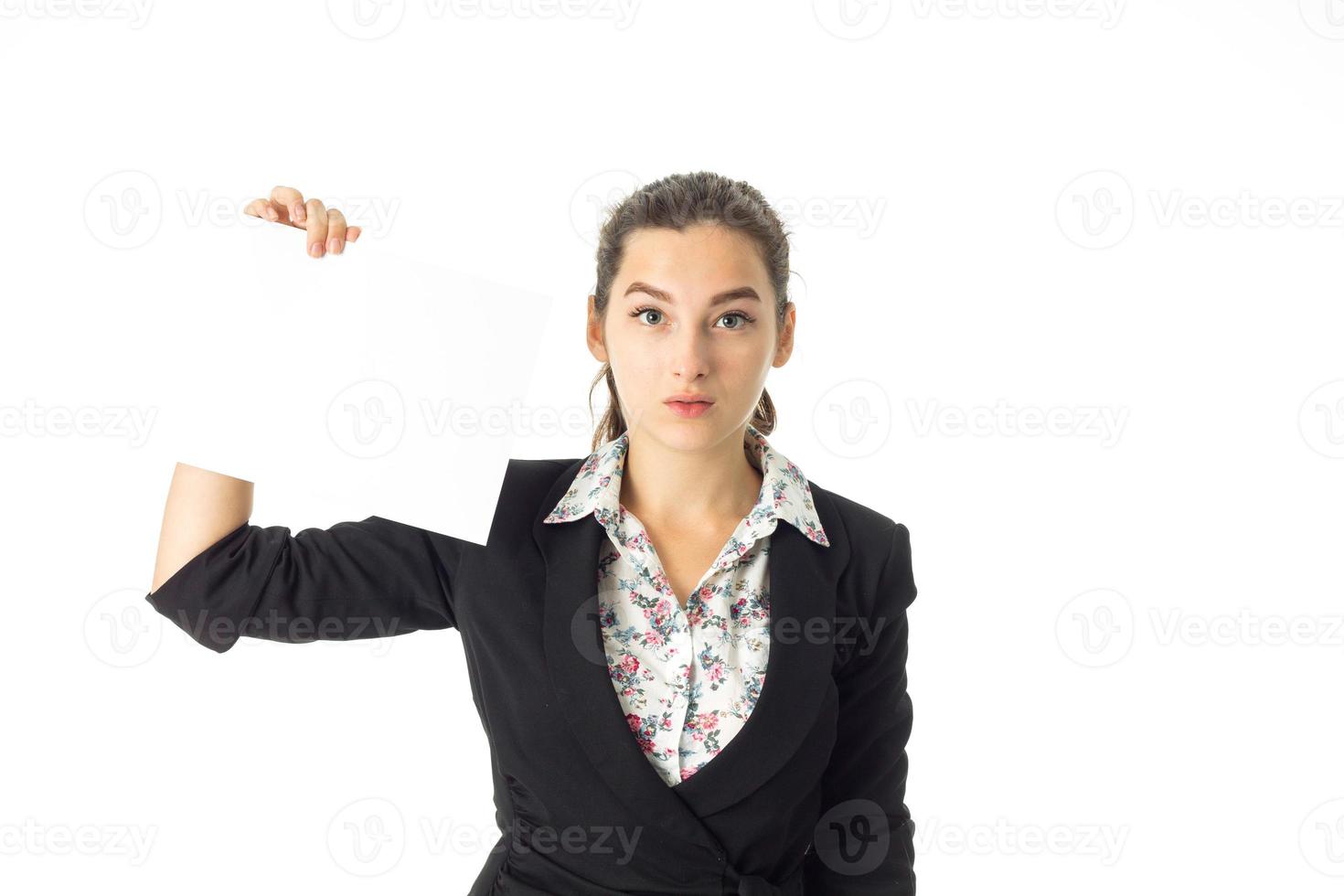 woman in uniform with white placard in hands photo