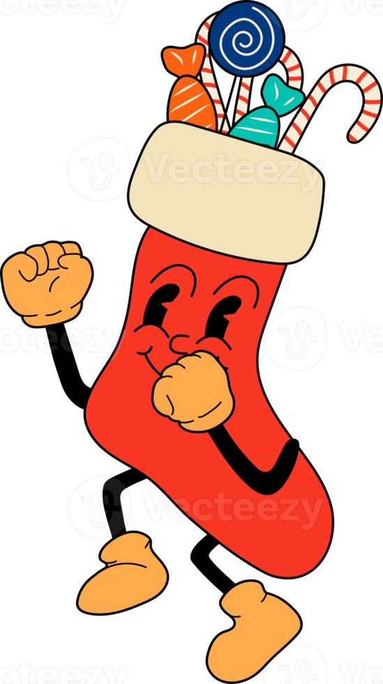 calcetín de navidad retro 30s personajes de mascota de dibujos animados. viejo estilo de animación. comic vintage feliz navidad png. emociones alegres y felices. aislado png