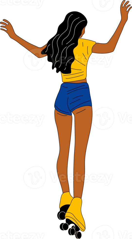 PNG vintage skating girl with roller skates . Hand drawn roller skates sketch illustration. 80s, 90s style
