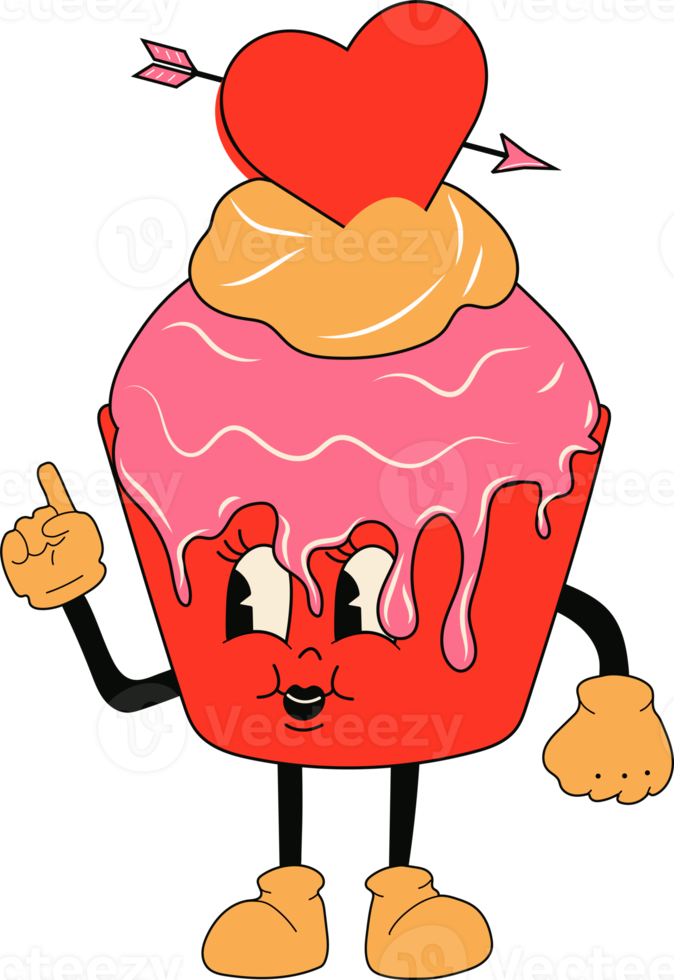 Retro cupcake 30s cartoon mascot character -. 40s, 50s, 60s old animation style.Valentine's Day cupcake style PNG. Happy, smile emotions. png
