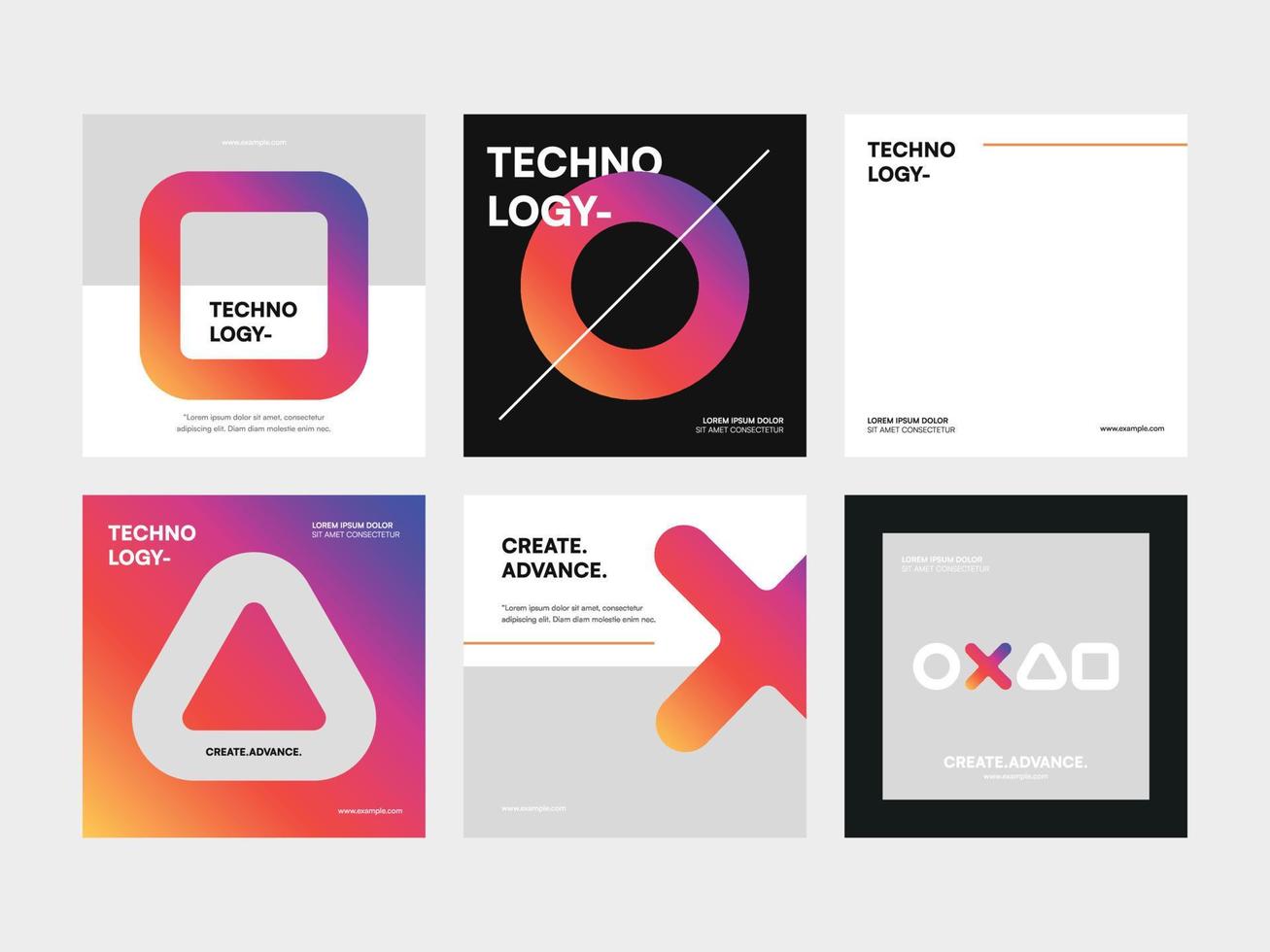 Set of virtual game technology square banner and social media post template vector