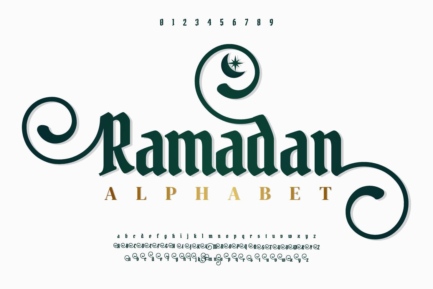 Letras y números elegantes del alfabeto de lujo de Ramadán. elegante tipografía islámica fuente serif clásica decorativa vintage retro. vector