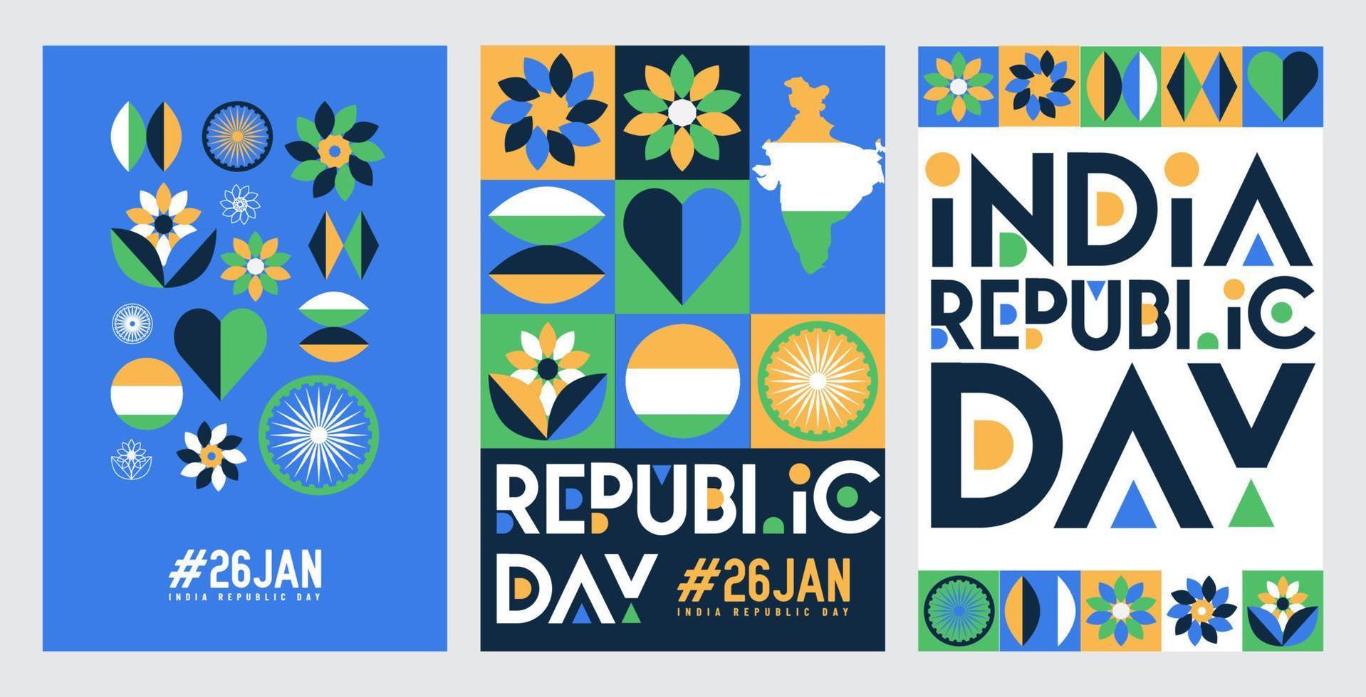 india 26 de enero día de la república conjunto de colección de ilustraciones geométricas. para tarjetas de felicitación, afiches, portadas de libros, pancartas, diseño de publicaciones. vector