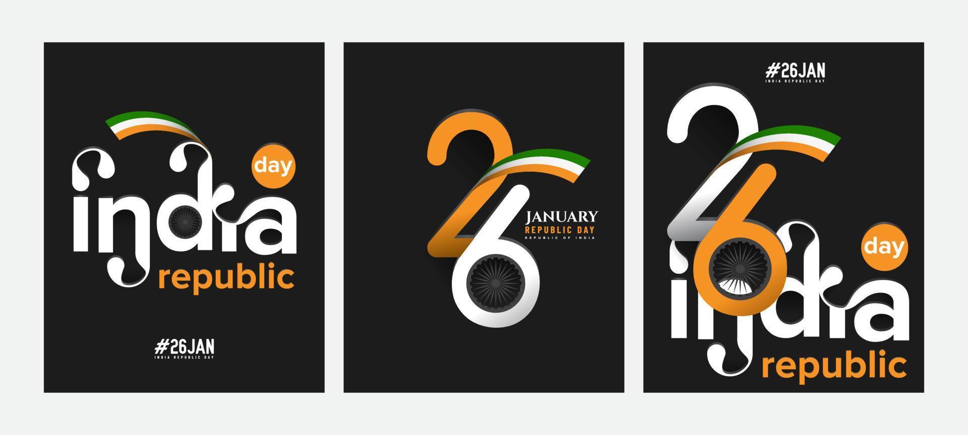 Collection of India 26 January republic day card illustration. For greeting card, background, poster, book cover, banner, post design. vector