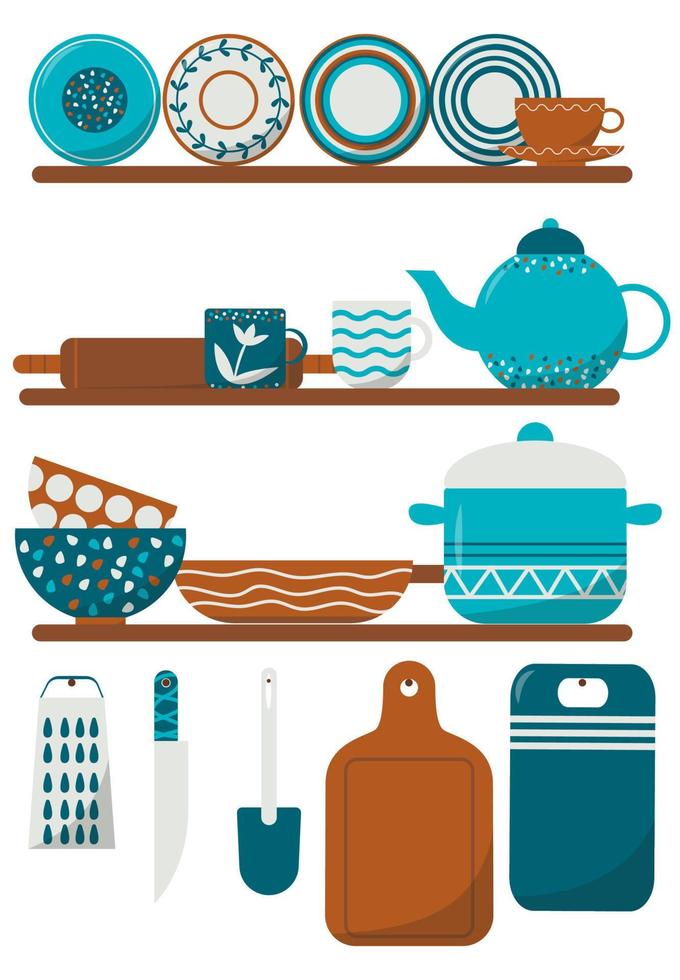 acogedoras ilustraciones planas de utensilios de cocina. utensilios de cocina objetos de cocina, equipo para cocinar, tazas, platos, cuencos, cuchillos, cubiertos, ollas. ilustración vectorial de stock, eps 10 vector