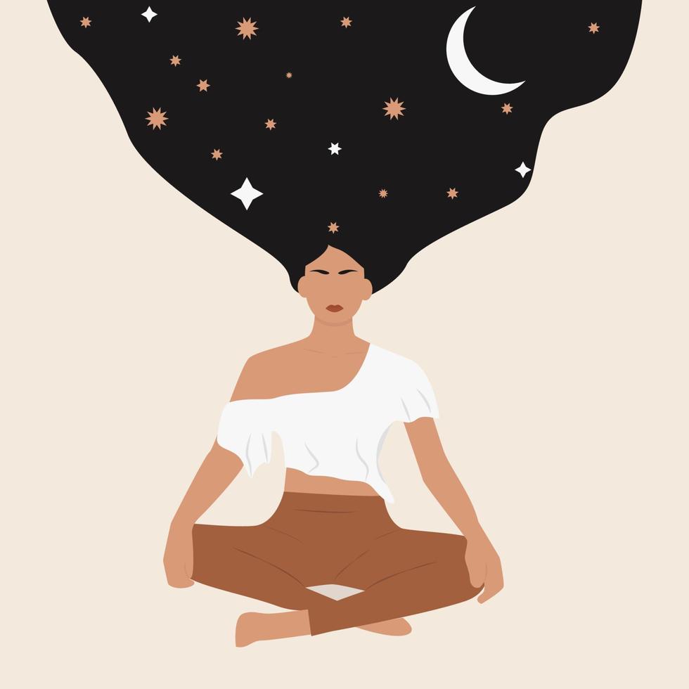 Woman sitting in yoga lotus pose.In the women's hair space, stars, moon.The concept of meditation, generation of ideas, communication with the cosmos. Flat vector illustration, eps 10