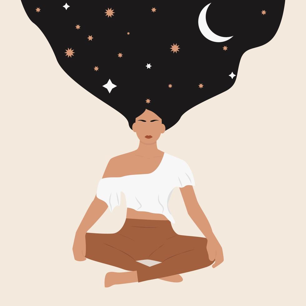 mujer sentada en pose de loto de yoga. en el espacio del cabello de las mujeres, estrellas, luna. el concepto de meditación, generación de ideas, comunicación con el cosmos. ilustración de vector plano, pasos 10