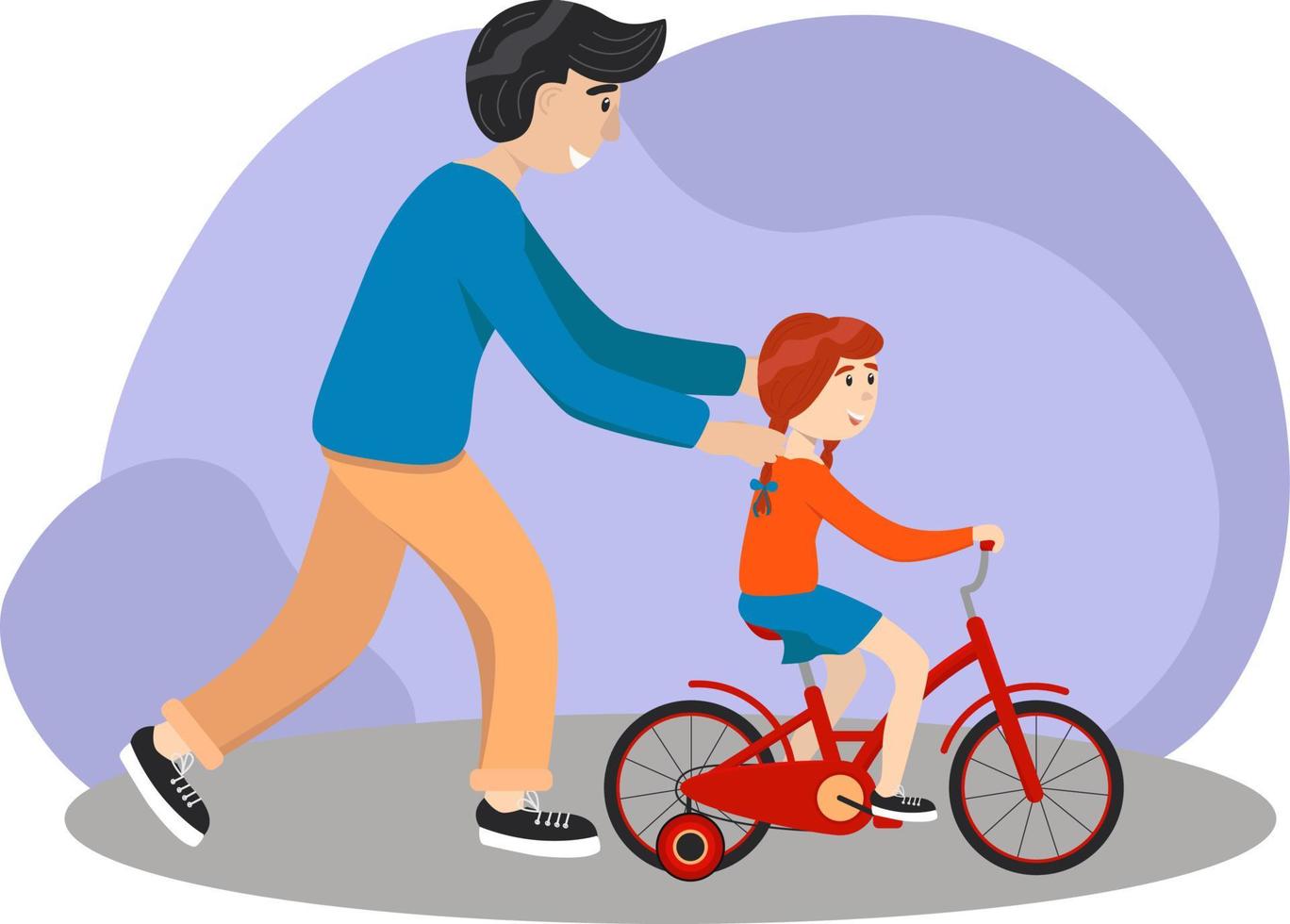 Father teaches daughter to ride a bike. Kid learns to ride bicycle. Parenting concept. Father help his girl kid learning to ride a bicycle at countryside together. Stock vector illustration, eps 10.