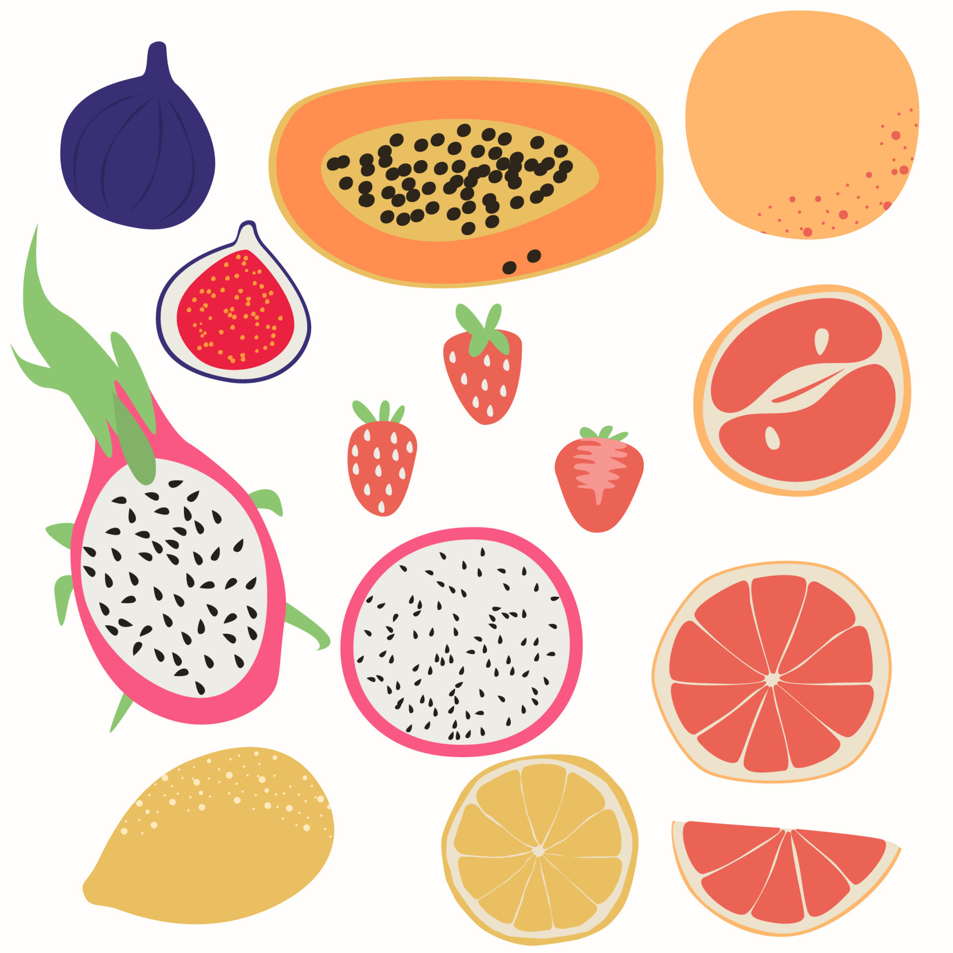 Set of abstract tropical fruits. Simple single Food vegan design