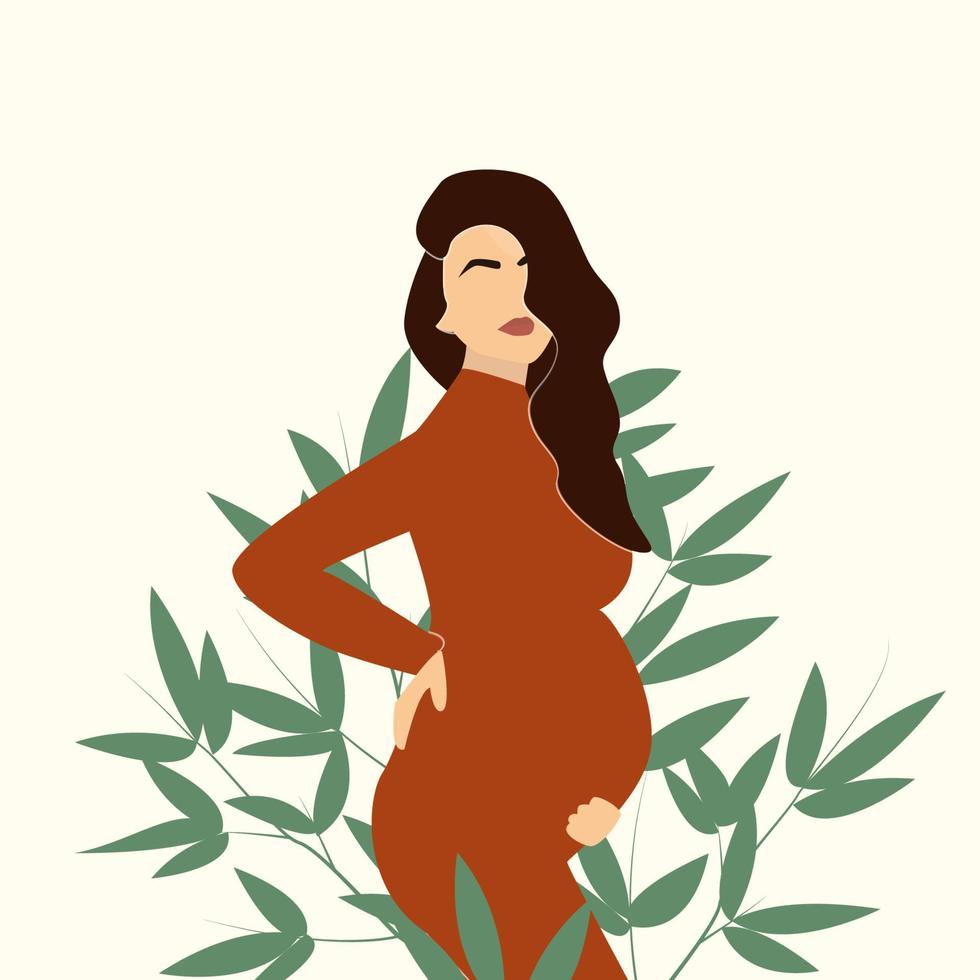 Pregnant woman in a red dress in nature with leaves in background. Concept vector illustration in minimal style. Abstract female portrait. EPS 10.