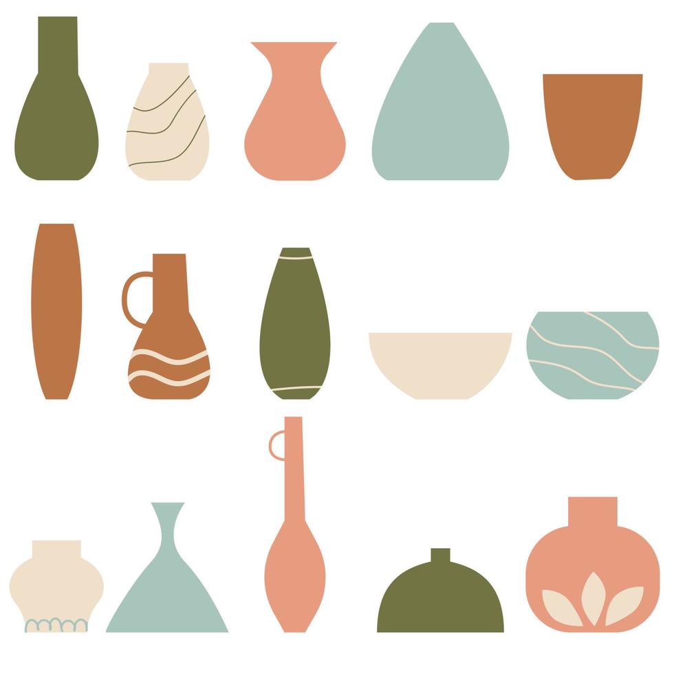 Vase set. Various forms of vases. Boho decor. Mid Century Simple Boho Elements. Ceramic pottery in a minimalistic trendy style.  Vector illusrtration, eps 10