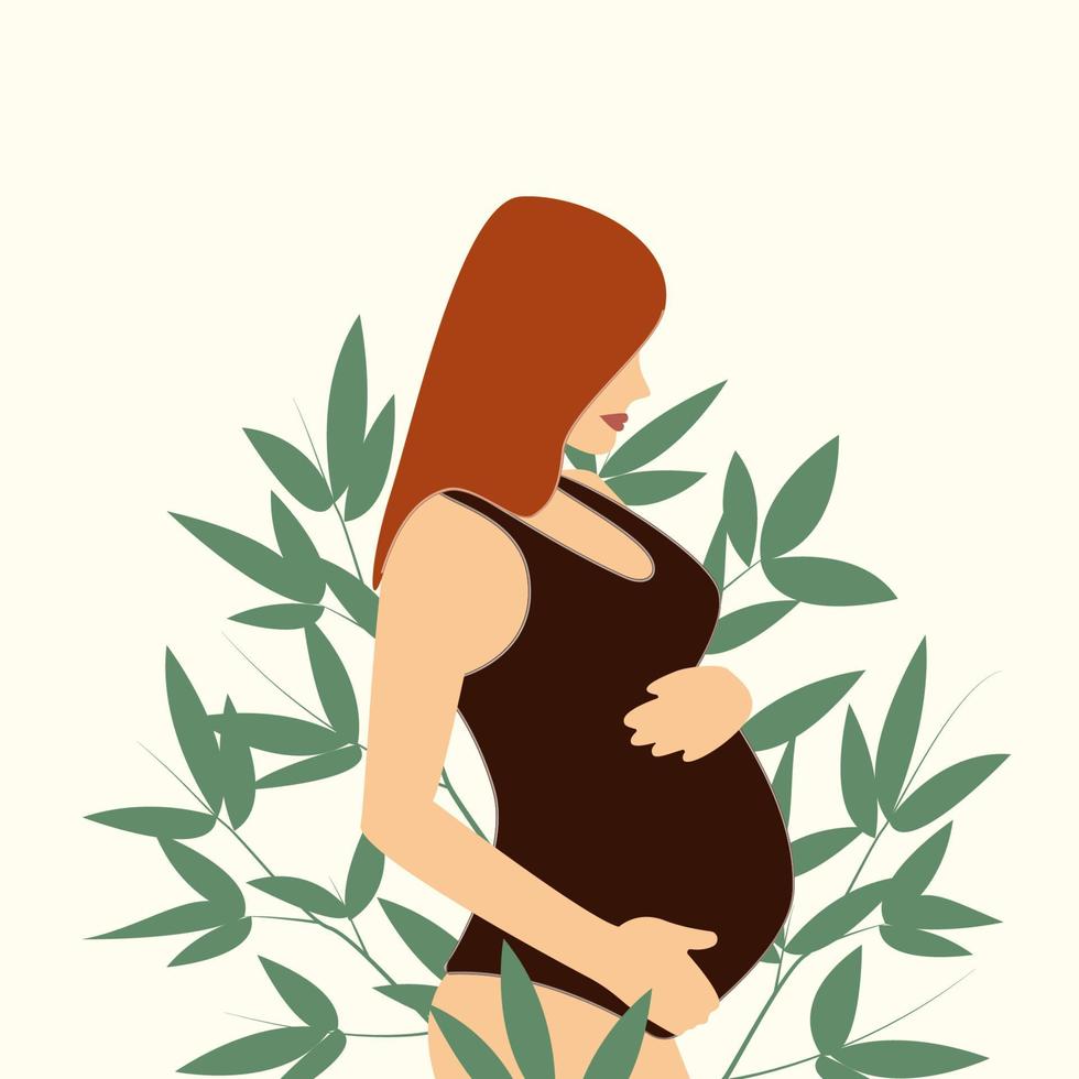 Red hair pregnant woman in body in nature with leaves in background. Vector illustration concept in minimal style. Contemporary artwork. EPS 10.