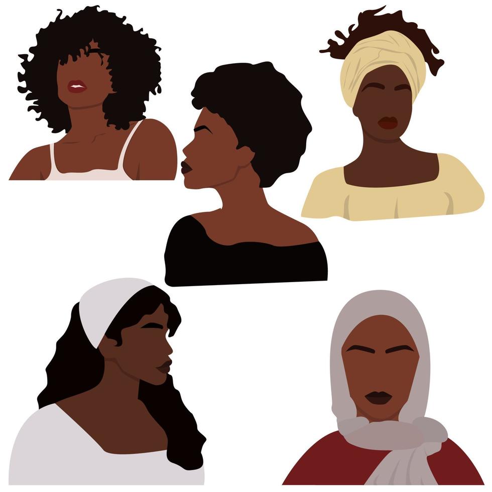 Set of abstract black women characters. Contemporary portraits. Boho Afro-American female. Modern style background for art print, poster, card, decor, tote bag. EPS 10 vector